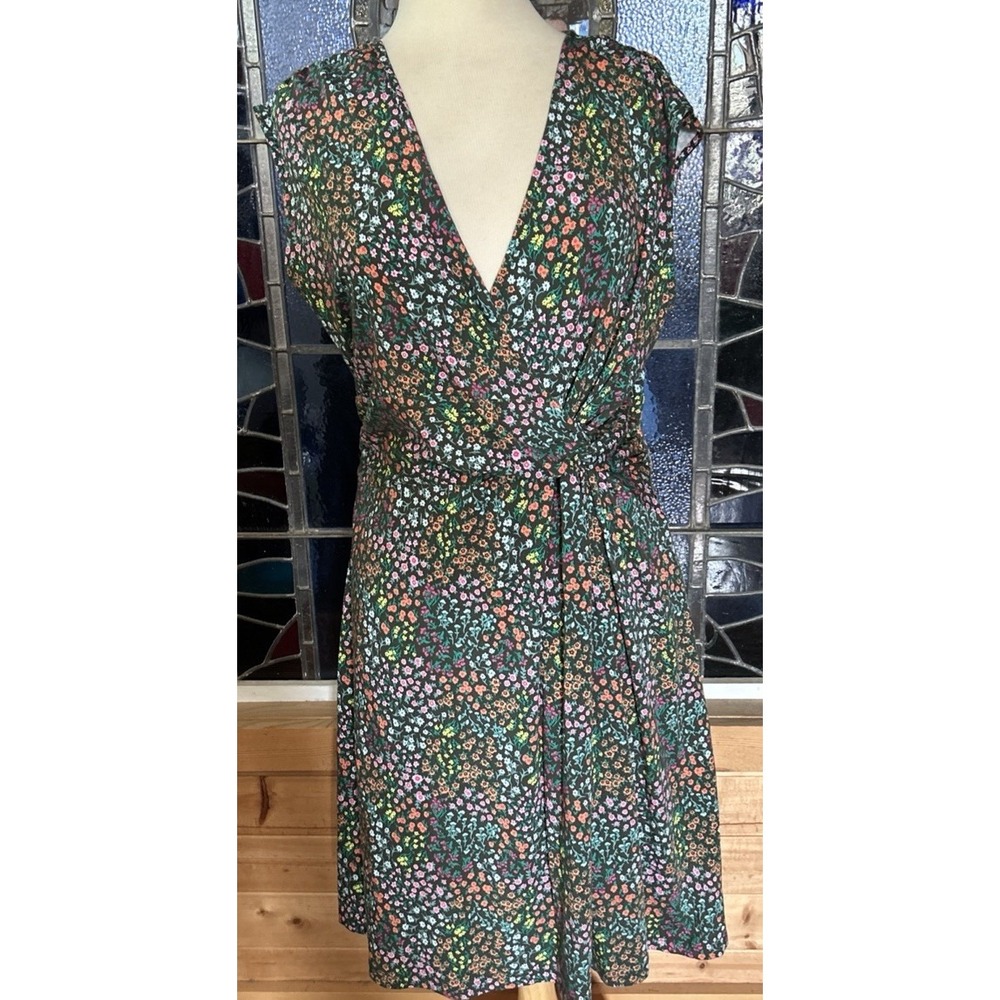Lands End Faux Wrap Dress Size Large Stretch Multi Colored Floral Cap Sleeve